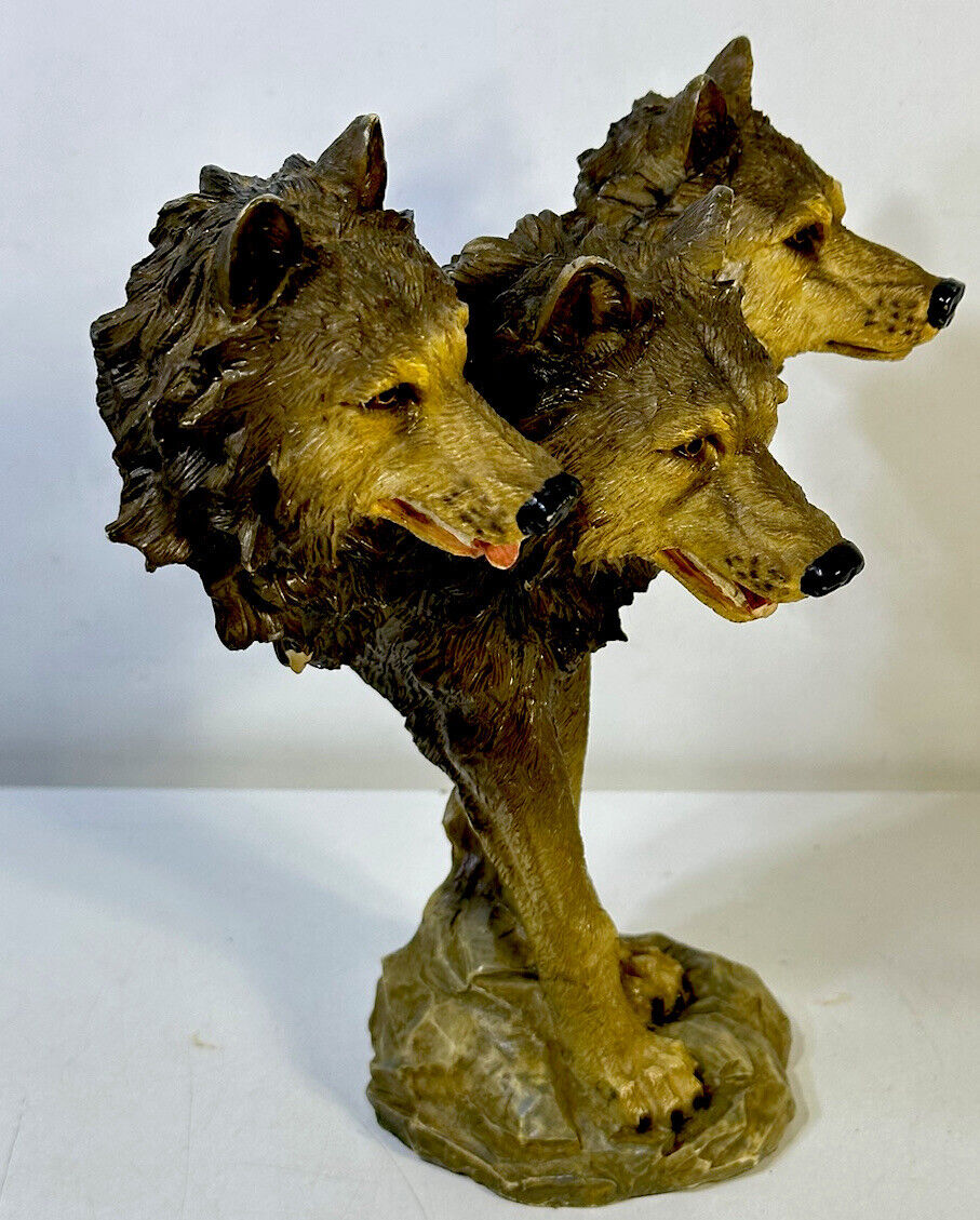 3 Wolf Heads Bust Sculpture Figurine 8.5” Resin Folk Art Table Decor