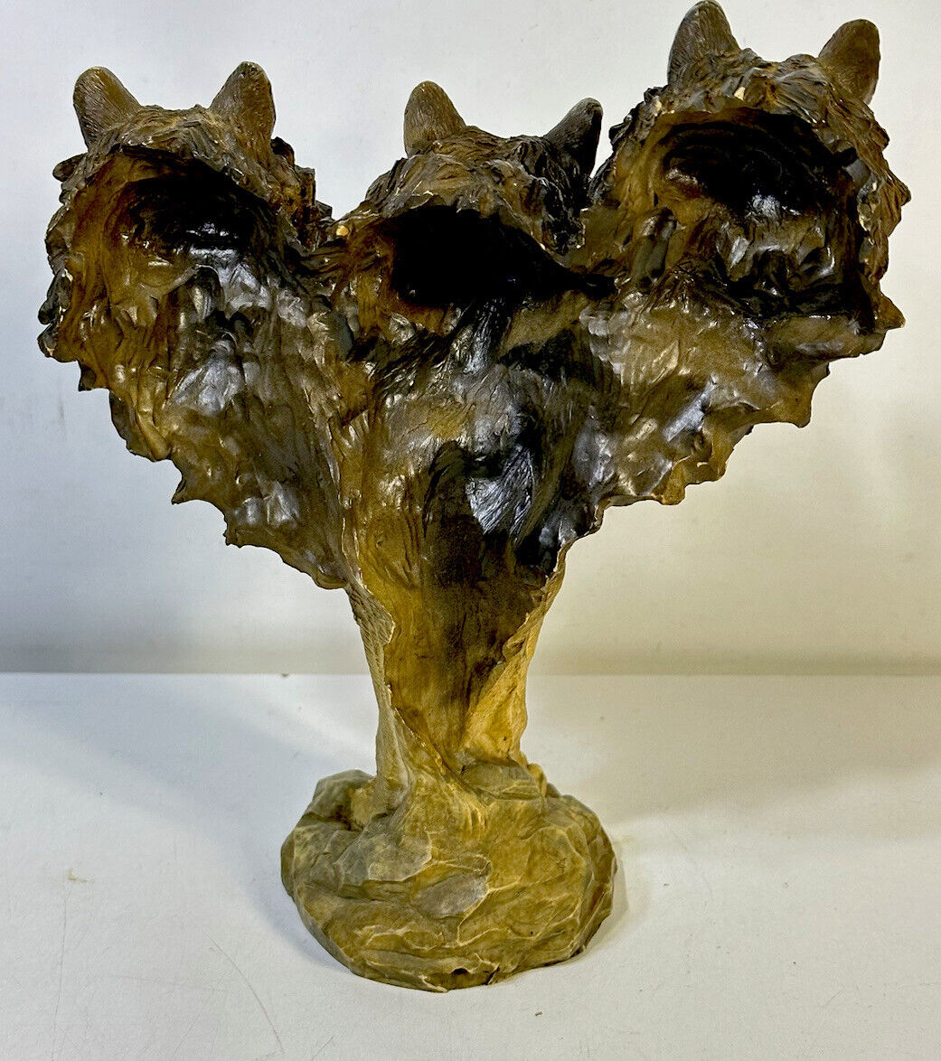 3 Wolf Heads Bust Sculpture Figurine 8.5” Resin Folk Art Table Decor