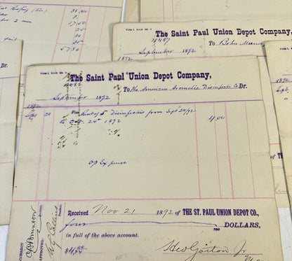 Lot Of 22 The Saint Paul Union Depot Company Accounts Receivable Receipts 1892