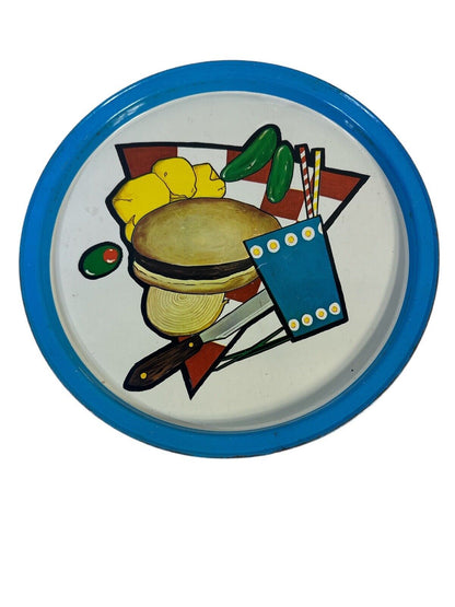 2 Vintage Mid Century Metal Tin Trays, Platters 2 Hamburger  Dinner Theme 1950’s