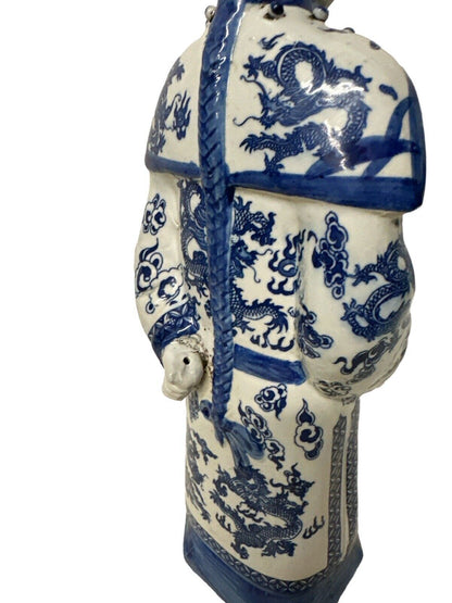 Antique Vintage Blue and white porcelain Statue Qing Dynasty Emperor 17.5” Tall