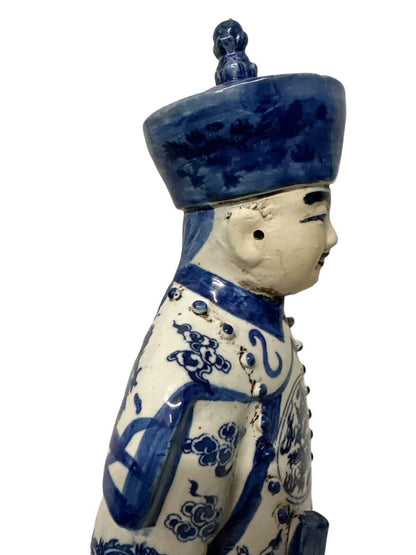 Antique Vintage Blue and white porcelain Statue Qing Dynasty Emperor 17.5” Tall