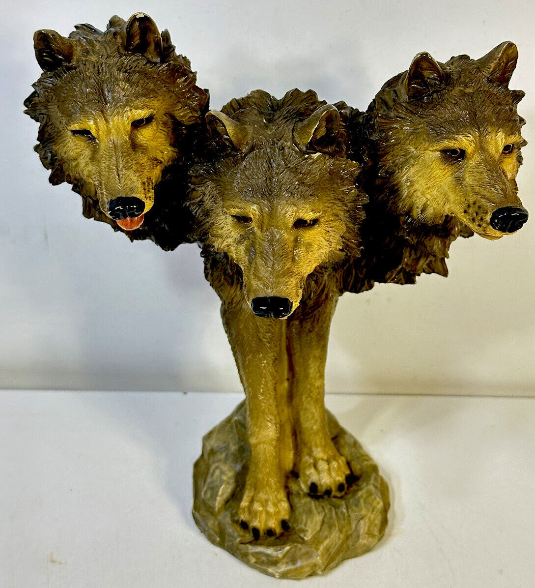 3 Wolf Heads Bust Sculpture Figurine 8.5” Resin Folk Art Table Decor