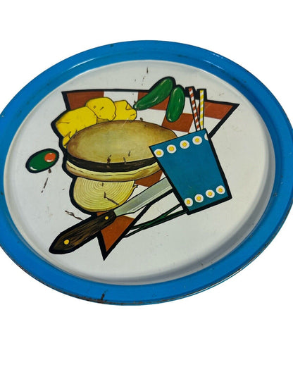 2 Vintage Mid Century Metal Tin Trays, Platters 2 Hamburger  Dinner Theme 1950’s