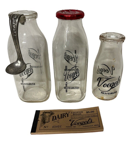 Lot Of 5 Vtg Voegels Milk Bottles Spoon And Coupon Book Voegels Dairy Minnesota