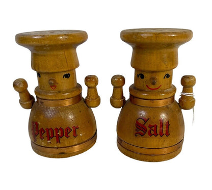 Vintage Wood Robot Salt and Pepper Shakers Made in Japan Mid Century Cork Bottom