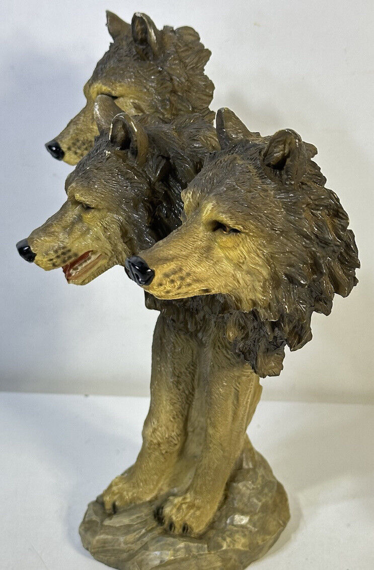 3 Wolf Heads Bust Sculpture Figurine 8.5” Resin Folk Art Table Decor
