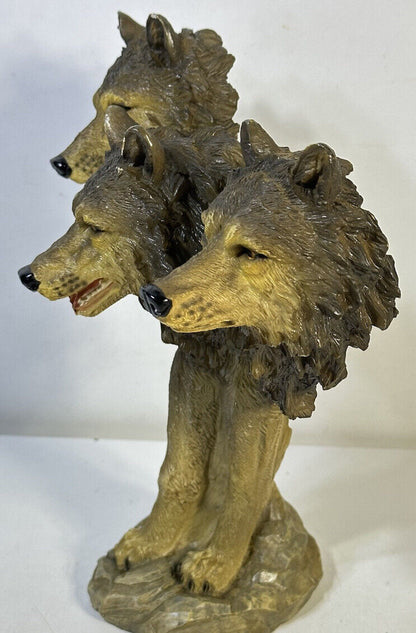 3 Wolf Heads Bust Sculpture Figurine 8.5” Resin Folk Art Table Decor