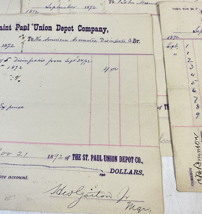 Lot Of 22 The Saint Paul Union Depot Company Accounts Receivable Receipts 1892