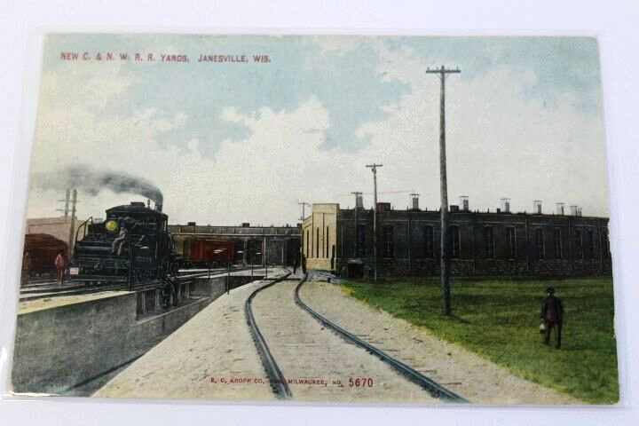 Antique Photo-Lithograph Postcard 1912 C. & N. W. R.R. Yards Janesville Wis.
