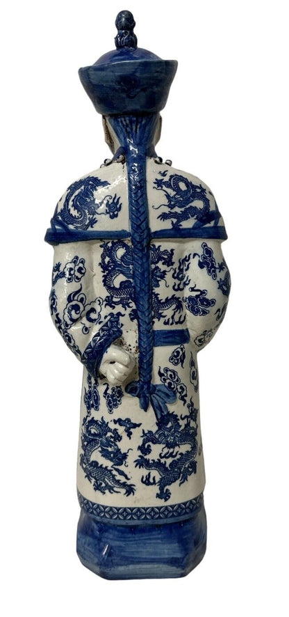 Antique Vintage Blue and white porcelain Statue Qing Dynasty Emperor 17.5” Tall