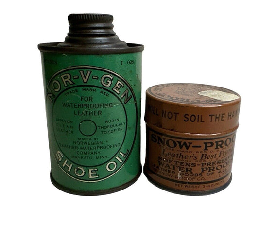 Lot of 2 Vtg 1940’s Shoe Oil Advertising Cans Tins Nor-V-Gen & Snow Proof