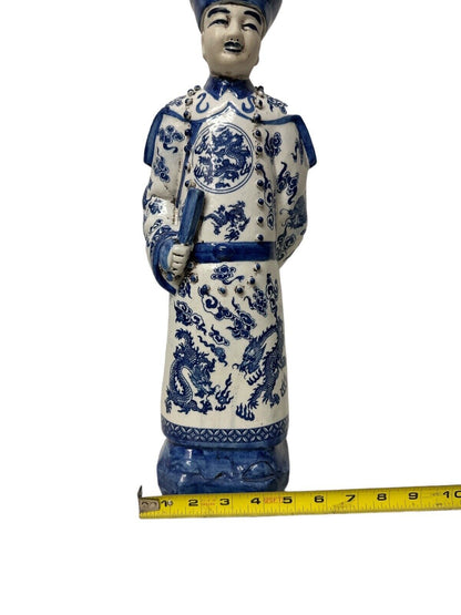 Antique Vintage Blue and white porcelain Statue Qing Dynasty Emperor 17.5” Tall