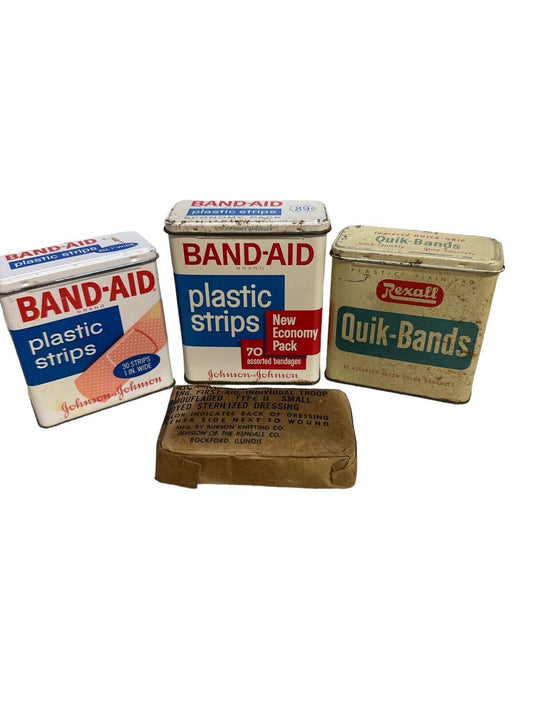 (4) Vintage BAND-AID & Rexall Bandages  Tin Paper Lot 1940’s-80s WWII Dressing