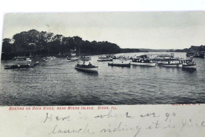 Antique RPPC Photo 1909 posted postcard Boating on Rock River Dixon Illinois