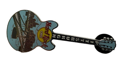 Vtg Hard Rock Cafe PITTSBURGH 2002 Bridge Lite Blue Guitar PIN City Skyline USA