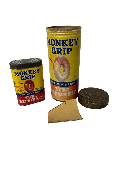 2 Vintage Monkey Grip Tube Tire Repair Cardboard Can Decor As Is
