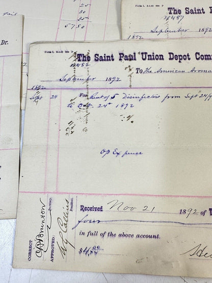 Lot Of 22 The Saint Paul Union Depot Company Accounts Receivable Receipts 1892