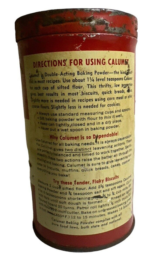 Vtg Empty 1 Lb Calumet Baking Powder Advertising Tin General Foods NY 1945-55