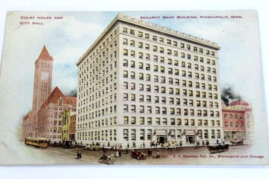 Antique Photo-Lithograph Postcard 1909 Court House City Hall Security Bank Minn.