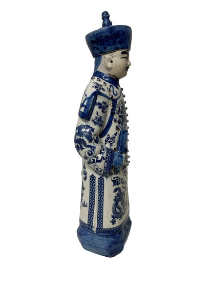 Antique Vintage Blue and white porcelain Statue Qing Dynasty Emperor 17.5” Tall