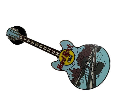 Vtg Hard Rock Cafe PITTSBURGH 2002 Bridge Lite Blue Guitar PIN City Skyline USA