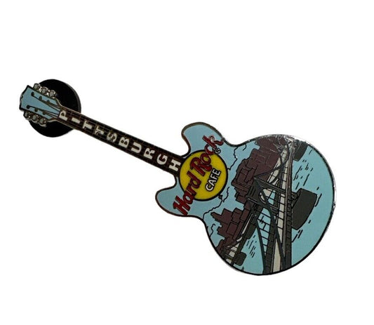 Vtg Hard Rock Cafe PITTSBURGH 2002 Bridge Lite Blue Guitar PIN City Skyline USA