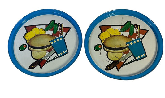 2 Vintage Mid Century Metal Tin Trays, Platters 2 Hamburger  Dinner Theme 1950’s