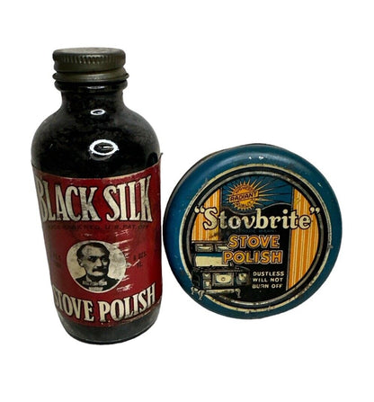 Lot Of 2 Vtg 1930’s Stove Polish Advertising Cleaning Products Can & Bottle