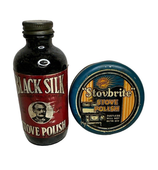 Lot Of 2 Vtg 1930’s Stove Polish Advertising Cleaning Products Can & Bottle