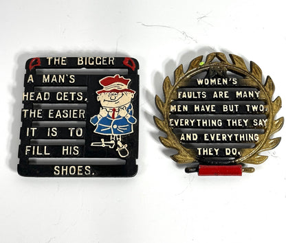 Vintage small cast iron 5" Trivits with funny sayings gag gift kitchen decor Folk Art